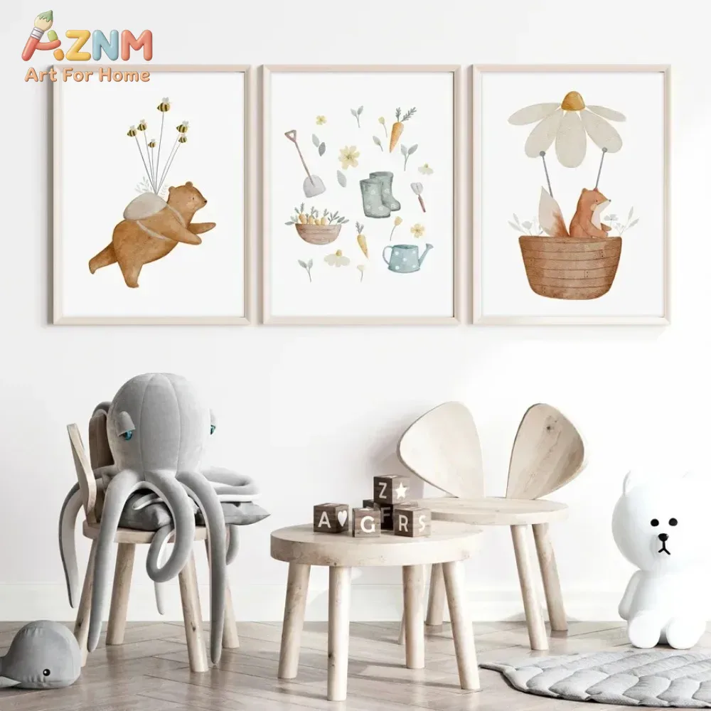 Animals Baby Nursery - AZNM Watercolor Bear Fox Animal Canvas