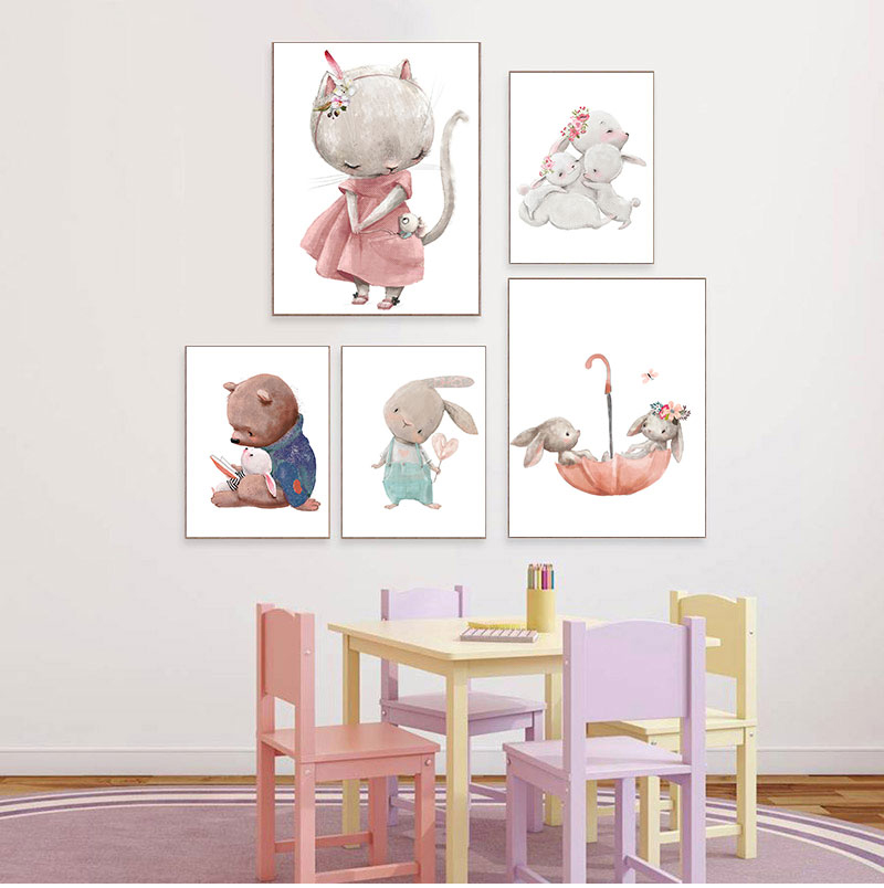 Animals Baby Nursery - 1PC frameless decorative art print,Bear Rabbit
