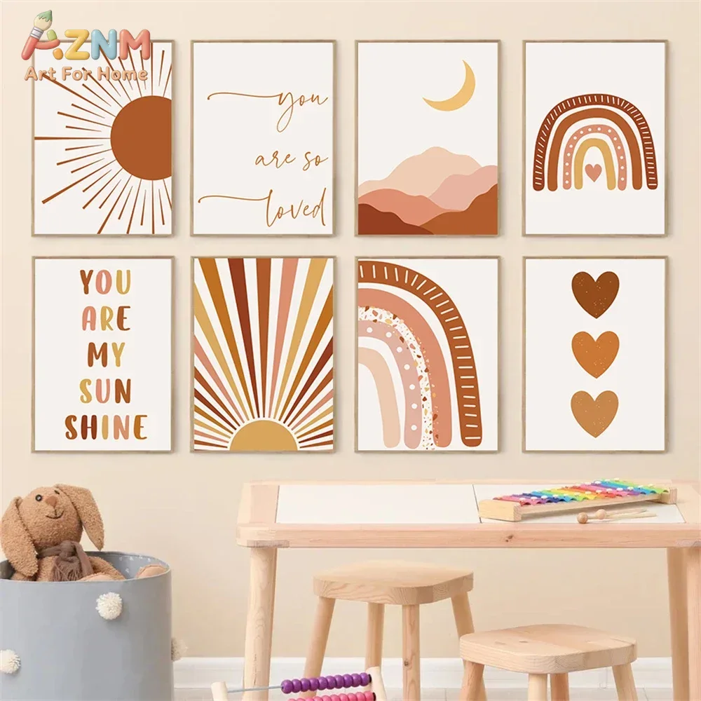 Baby Nursery Wall Art - AZNM Boho Sun Moon Rainbow Canvas
