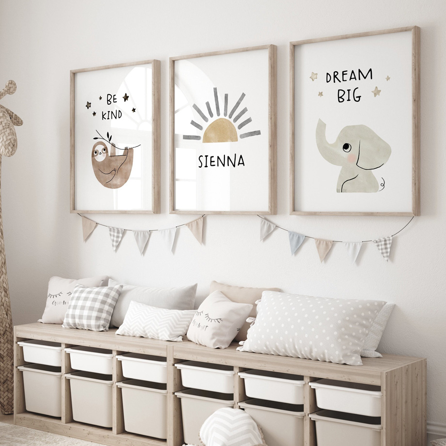 Baby Nursery Animal Pictures - Elephant Sloth Sunlight Canvas Child Poster