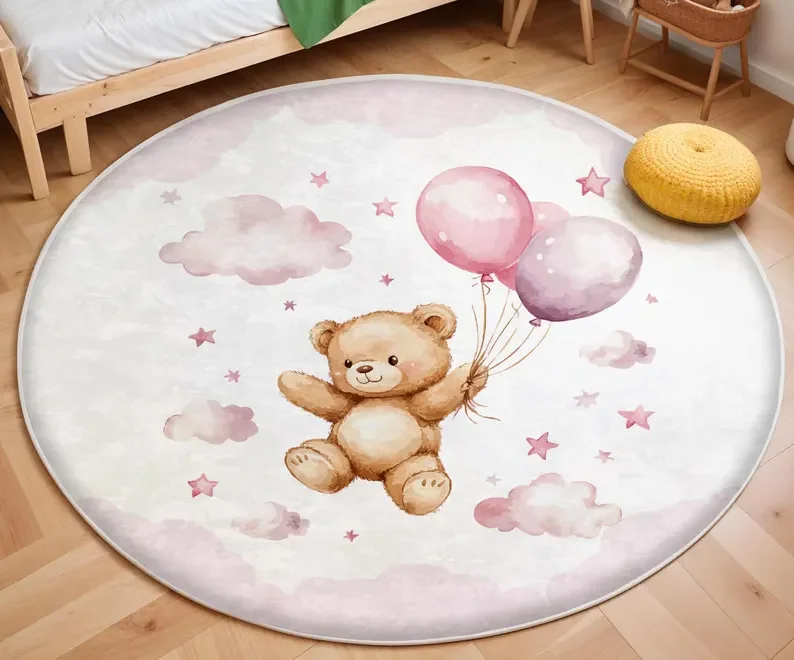 Soft Rug Nursery - Pink Balloon Bear Cloud Round Rug