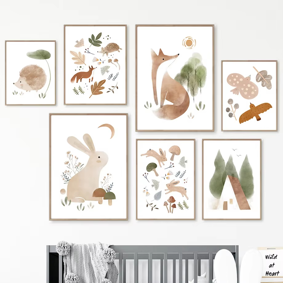 Baby Nursery Animal Pictures - Boho Rabbit Fox Hedgehog Bird Leaf