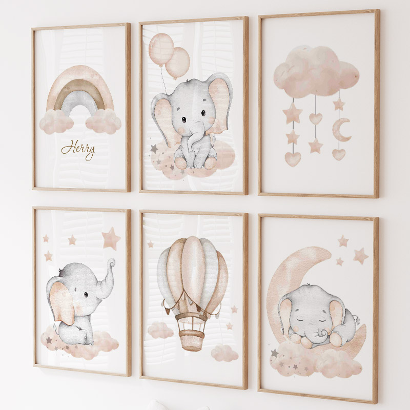 Animals Baby Nursery - Cute Elephant Hot Balloon Moon Rainbow