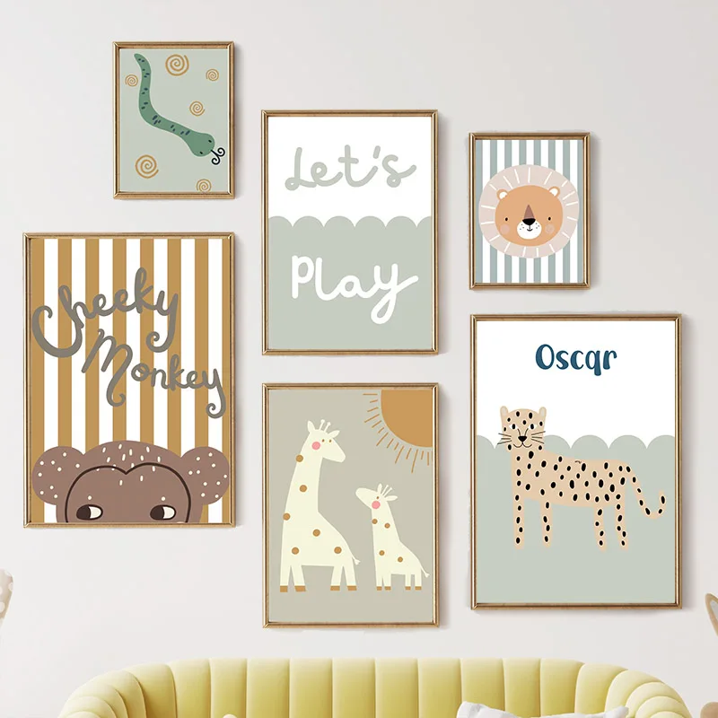Baby Nursery Animal Pictures - Cartoon Giraffe Leopard Lion Monkey Snake