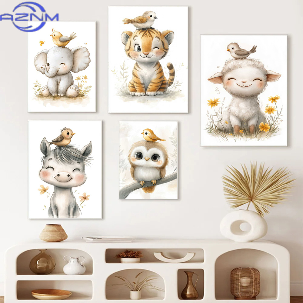 Baby Nursery Animal Pictures - AZNM Boho Style Cartoon Animal Illustrations