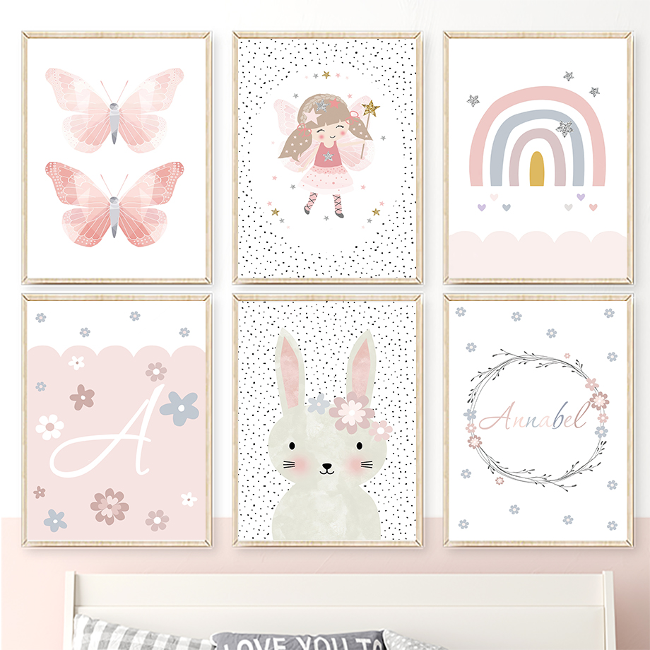 Baby Nursery Wall Art - Cute Girl Rabbit Flower Butterfly Rainbow