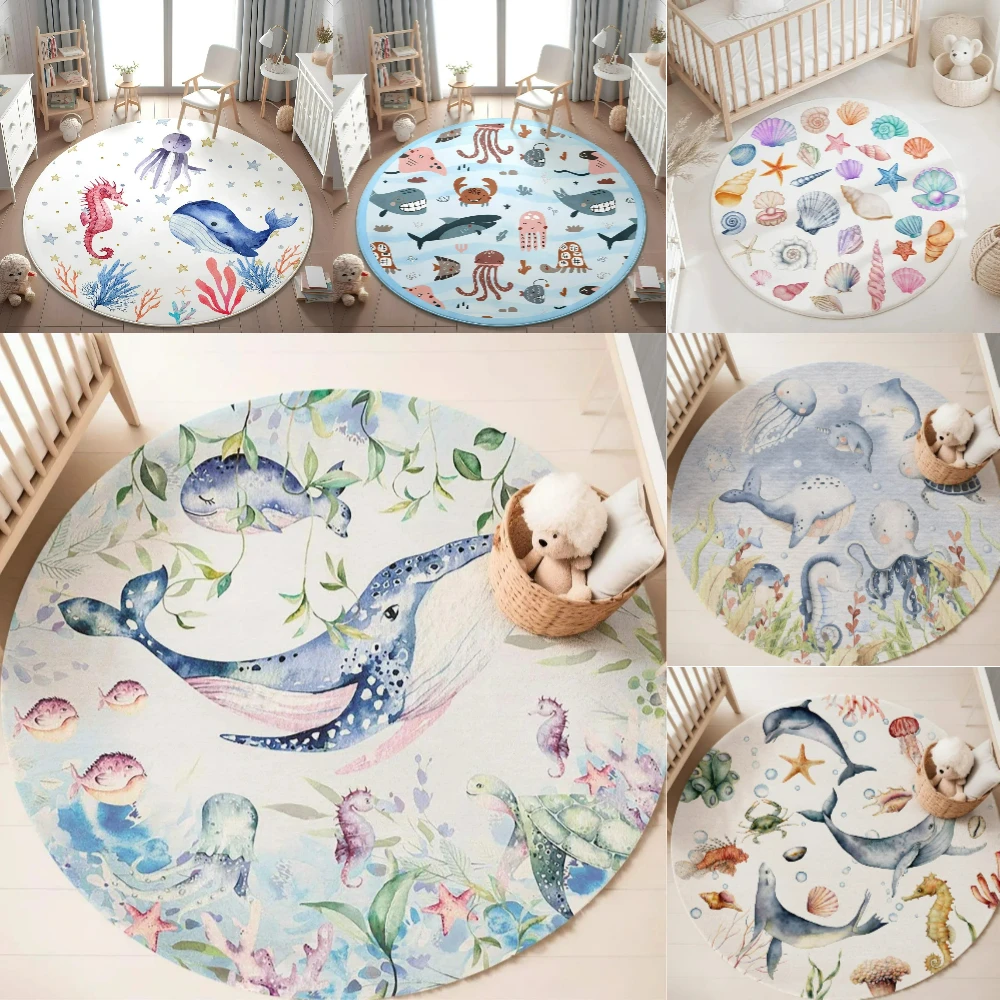 Soft Rug Nursery - Blue Marine animal Round Carpet for