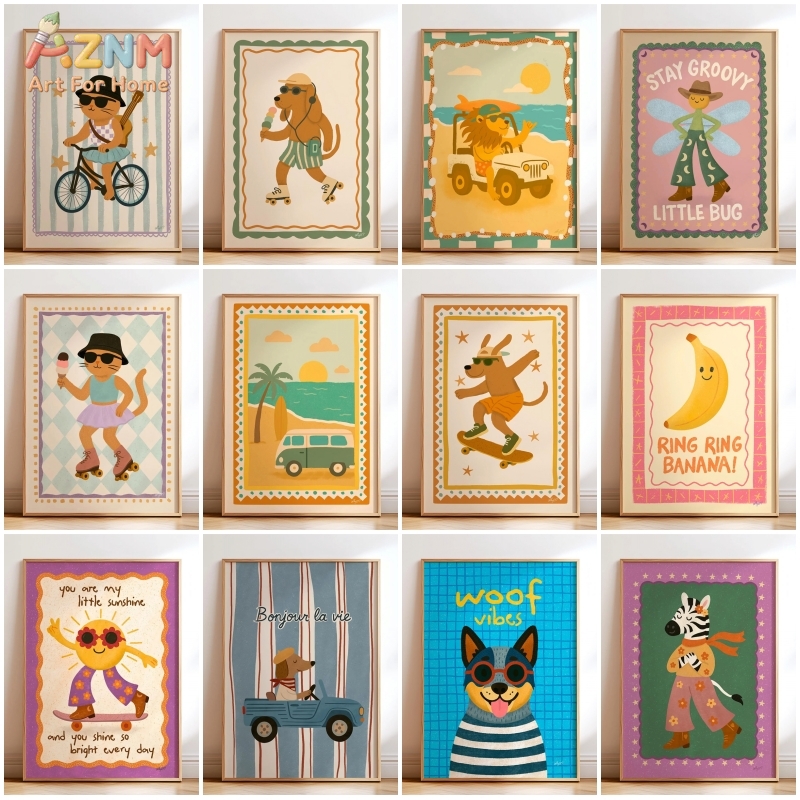 AZNM Retro Groovy Cute Animal  - Baby Nursery Wall Art review and price